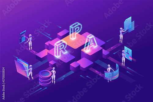Robotic process automation concept with robots working with data, arms moving files, extracting information from websites, digital technology service, 3d isometric vector illustration