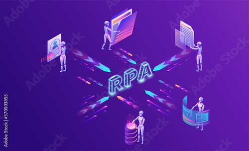 Robotic process automation concept with robots working with data, arms moving files, extracting information from websites, digital technology service, 3d isometric vector illustration