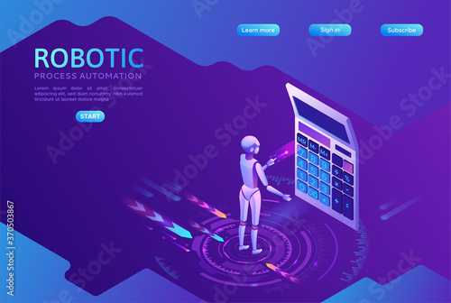 Robotic process automation landing page template with robots working with data, arms moving files, extracting information from websites, digital technology service, 3d isometric vector illustration