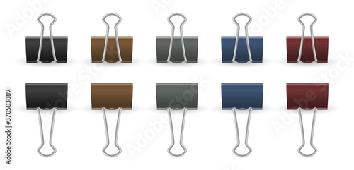 Realistic paper clips. Push pins, isolated gold black and color office accessories. 3D clamps, isolated stationery vector collection. Paperclip attach, clip fix organizer illustration
