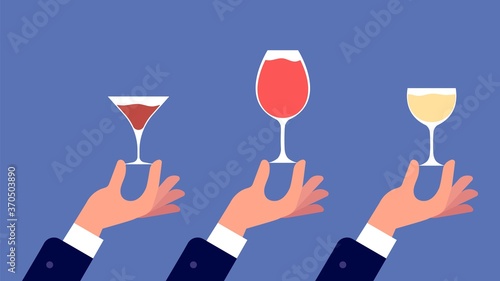 Sommelier with glass. Hands hold glasses with wine, liquor, vermouth banner. Party friends or family dinner. Alcohol and cocktails, tasting drinks in cafe restaurant or bar vector illustration