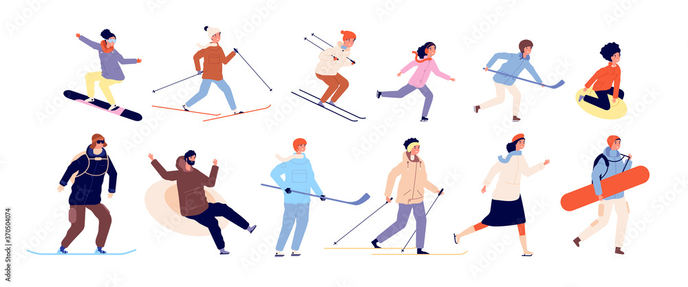 Winter activities with kids. Sports couples, christmas holiday time. Isolated skating ski snowboard and hockey characters vector illustration. People sledding activity outdoor winter