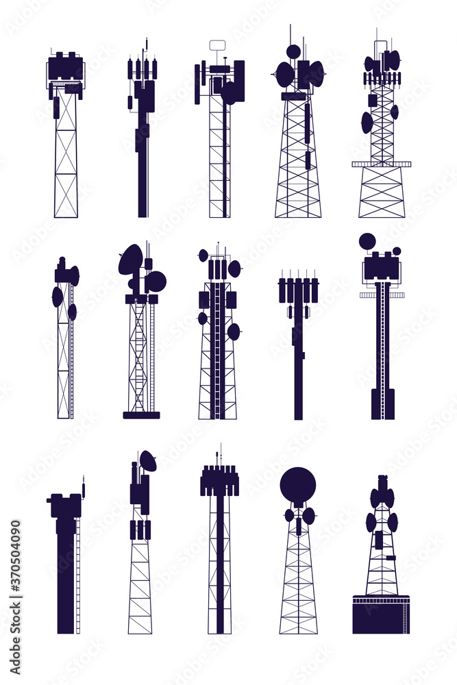 Fototapeta premium Antenna tower silhouettes. Isolated communications equipment, media radio telecommunications constructions. Network vector set. Antenna broadcast communicate, network construction illustration