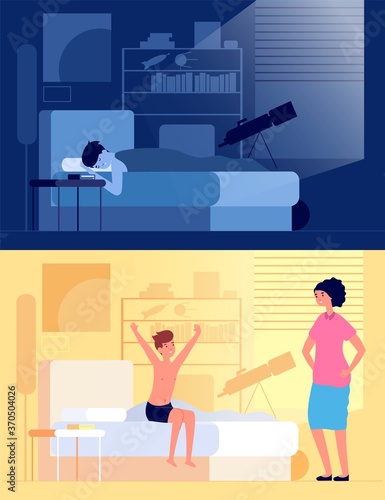 Waking up child. Kid sitting on bed in bedroom, mom and son at early morning. Sleeping and awake happy boy, night rest vector illustration. Waking activity, happiness awake in bedroom