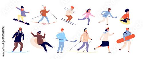 Winter activities with kids. Sports couples, christmas holiday time. Isolated skating ski snowboard and hockey characters vector illustration. People sledding activity outdoor winter