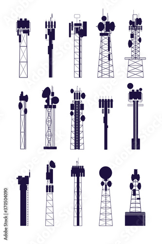 Antenna tower silhouettes. Isolated communications equipment, media radio telecommunications constructions. Network vector set. Antenna broadcast communicate, network construction illustration