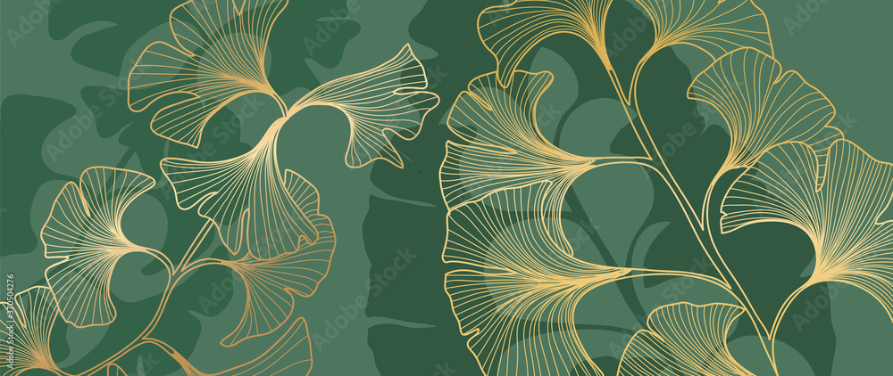Luxury Gold Ginkgo line arts on emerald green Background. Vector illustration..