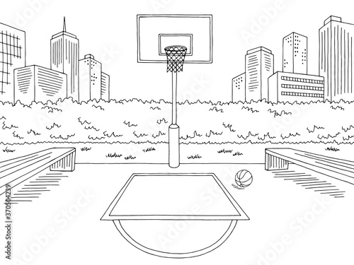 Basketball court street sport graphic black white city landscape sketch illustration vector