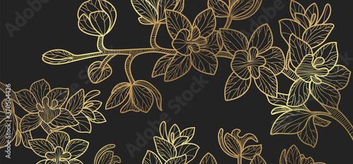 Luxury elegant gold orchids floral line arts pattern and black background. Topical flower wallpaper design, Fabric, surface design. Vector illustration.