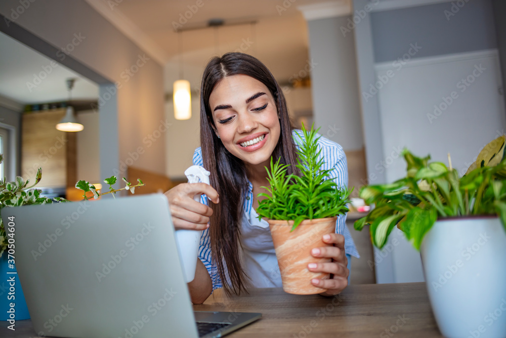 Woman watching flower planting tutorial. Woman watching planting flower tutorial on laptop in beautiful cozy living room. Girl is feeling happy taking care of her plants. Woman watching flower planting tutorial. Woman watching planting flower tutorial on laptop in beautiful cozy living room. Girl is feeling happy taking care of her plants.