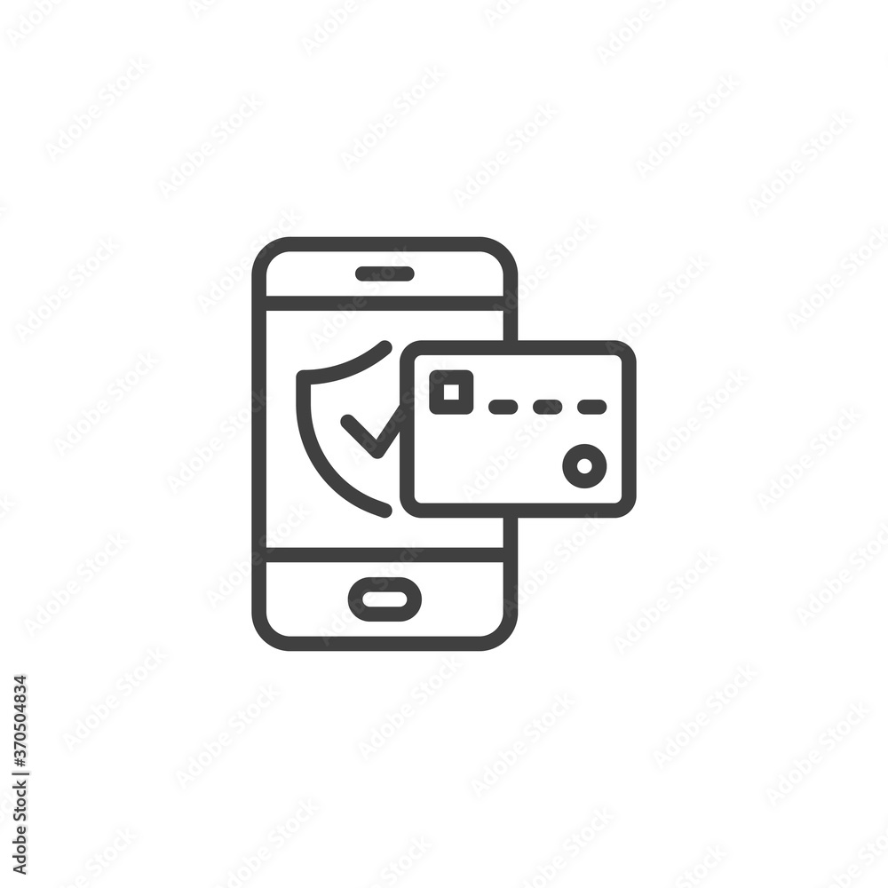 Mobile phone security payment line icon. linear style sign for mobile concept and web design. Smartphone and credit card outline vector icon. Symbol, logo illustration. Vector graphics Mobile phone security payment line icon. linear style sign for mobile concept and web design. Smartphone and credit card outline vector icon. Symbol, logo illustration. Vector graphics