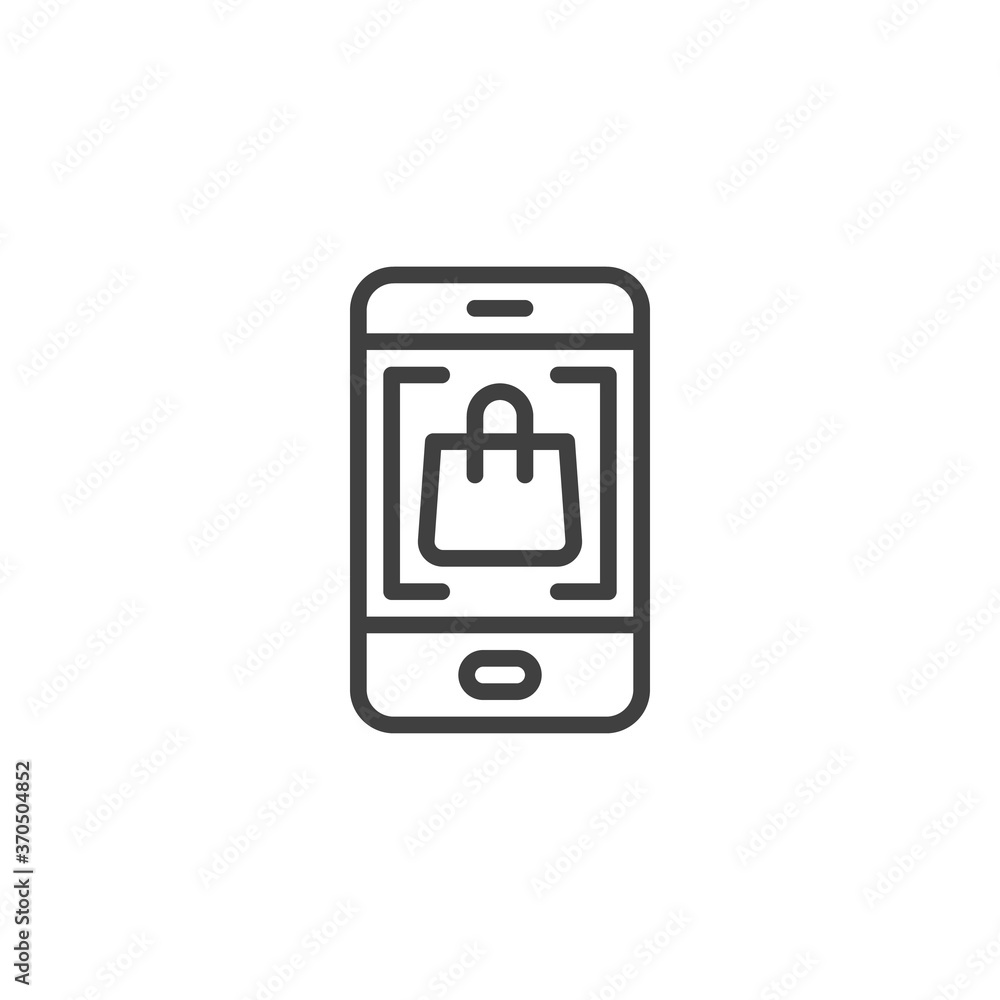 Online mobile phone shopping line icon. linear style sign for mobile concept and web design. Cell Phone with shopping bag outline vector icon. Symbol, logo illustration. Vector graphics Online mobile phone shopping line icon. linear style sign for mobile concept and web design. Cell Phone with shopping bag outline vector icon. Symbol, logo illustration. Vector graphics