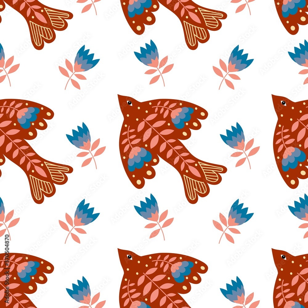 Fototapeta premium Vector seamless pattern of birds and flowers in folk art. For sublimation design, printing, poster design, postcard making, stationery, fabric printing, blog design, logos, packaging.