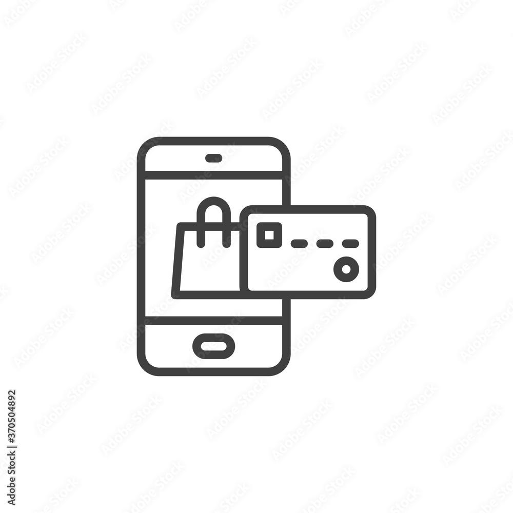 Online shopping payment line icon. linear style sign for mobile concept and web design. Smartphone with shopping bag and credit card outline vector icon. Symbol, logo illustration. Vector graphics Online shopping payment line icon. linear style sign for mobile concept and web design. Smartphone with shopping bag and credit card outline vector icon. Symbol, logo illustration. Vector graphics
