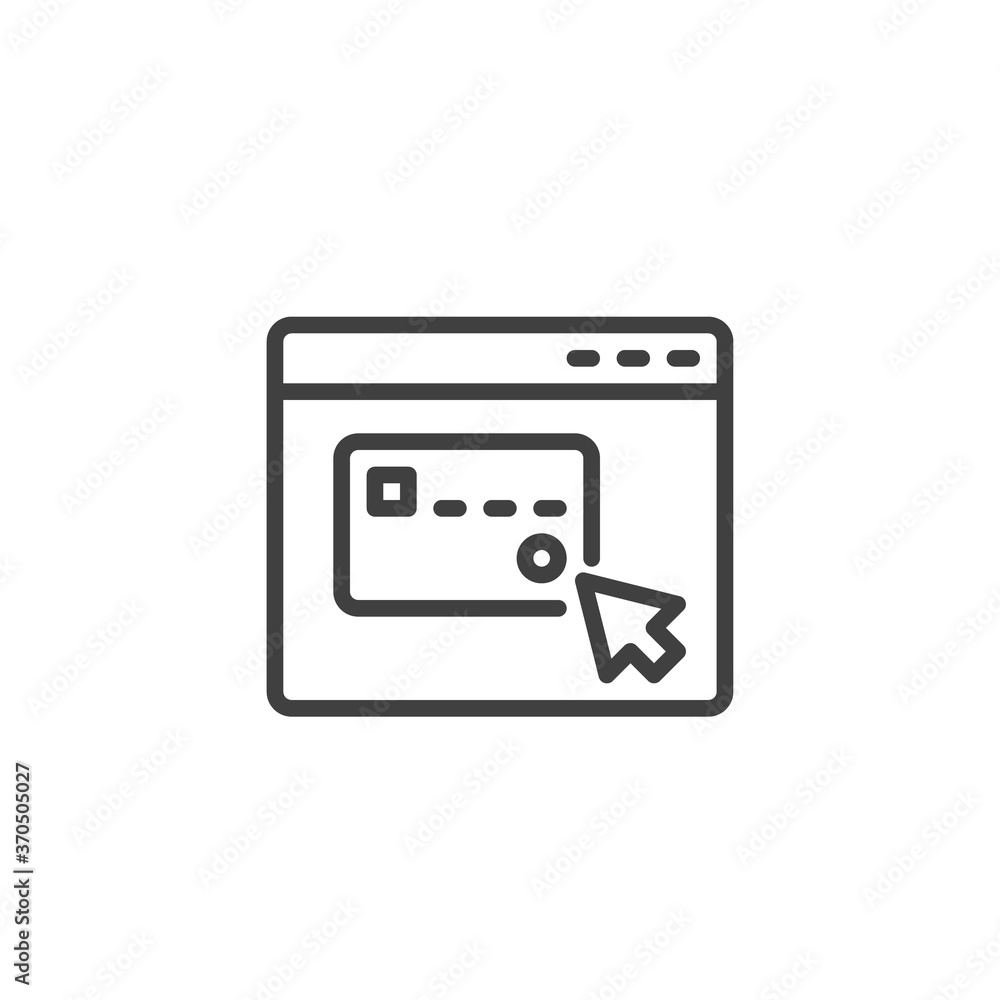 Online shopping payment line icon. Ecommerce linear style sign for mobile concept and web design. Website with credit card pay outline vector icon. Symbol, logo illustration. Vector graphics Online shopping payment line icon. Ecommerce linear style sign for mobile concept and web design. Website with credit card pay outline vector icon. Symbol, logo illustration. Vector graphics