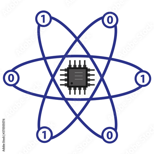 Quantum computing illustration vector. Binary digits and a microprocessor shape on isolated white background.
