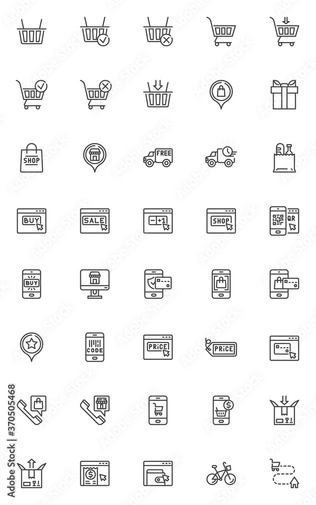 Shopping and e-commerce line icons set, outline vector symbol collection, linear style pictogram pack. Signs, logo illustration. Set includes icons as parcel delivery service, one click buy, sale Shopping and e-commerce line icons set, outline vector symbol collection, linear style pictogram pack. Signs, logo illustration. Set includes icons as parcel delivery service, one click buy, sale
