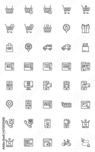 Shopping and e-commerce line icons set, outline vector symbol collection, linear style pictogram pack. Signs, logo illustration. Set includes icons as parcel delivery service, one click buy, sale