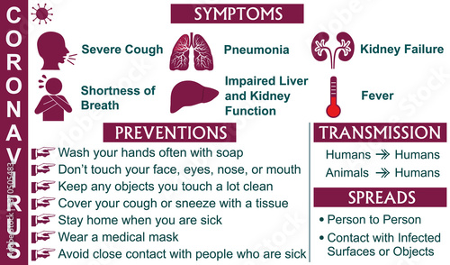 Coronavirus symptoms and preventions infographic vector illustration.