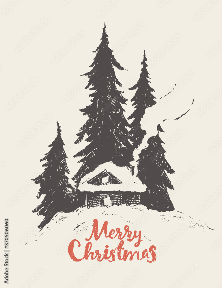 Fototapeta premium Merry Christmas card house forest vector sketch