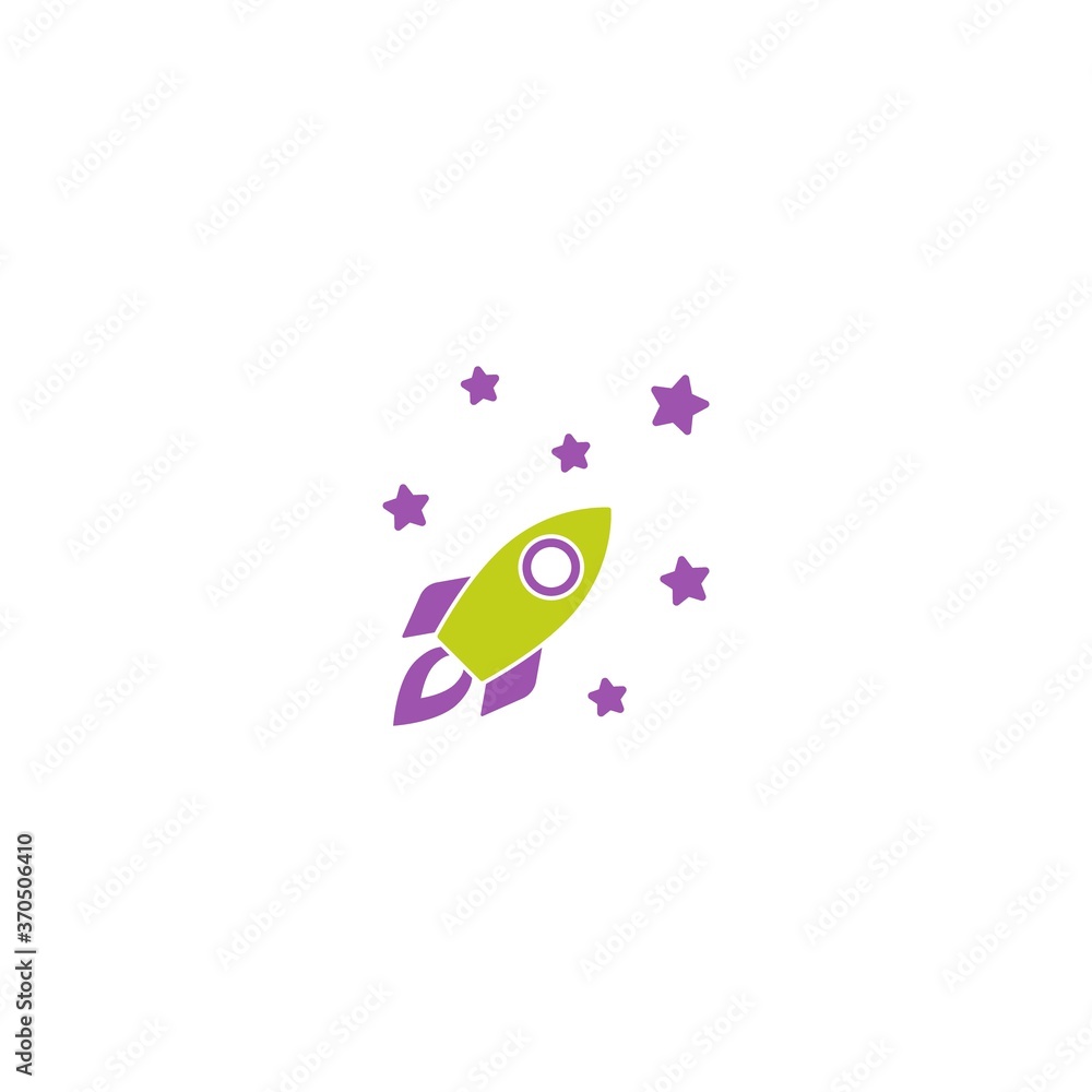 green and violet rocket ship with stars. Isolated on white. Flat icon.