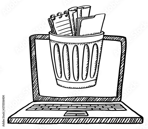 Cartoon style doodle  illustration of digital rubbish bin for files and data on laptop screen. Hand drawn doodle vector illustration.