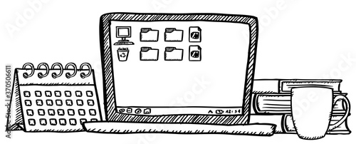 Cartoon style doodle of workspace desk with laptop, books, callender and cup.
Hand drawn doodle vector illustration.