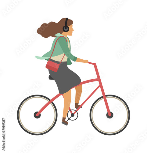 Woman riding on bicycle. Simple character cyclist girl rides on bike and listen music in headphones. Outdoor activities in park, healthy lifestyle. Flat vector cartoon isolated illustration