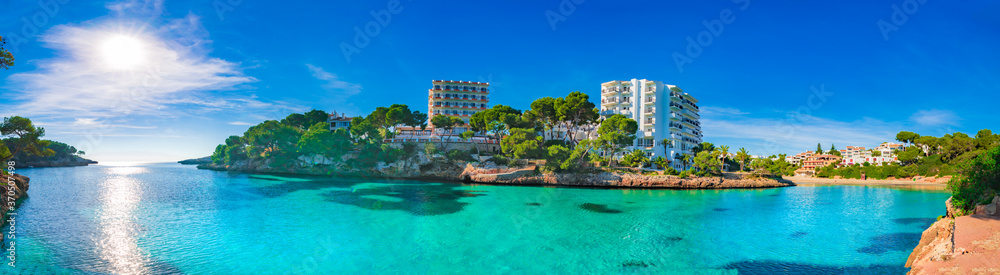 Spain, Majorca, panorama view of coast scenery in Cala d Or