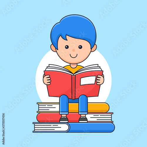 Happy boy read a book and sitting on the book stack vector outline cartoon style illustration