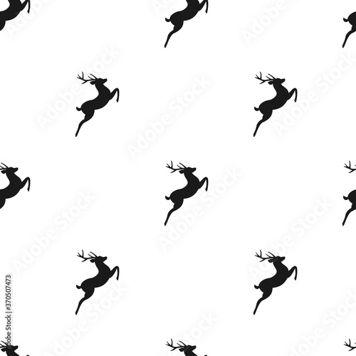 seamless hunting pattern with black silhouette of jumping deer with antlers. © Ne Mariya