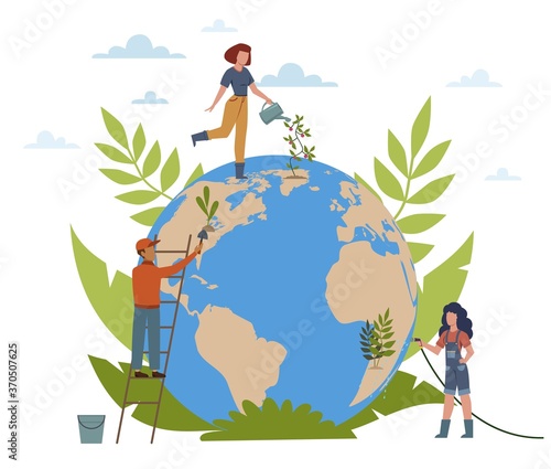 Earth Day. People care about ecology of planet, plant trees, water flowers, women and man with globe, protect world concept flat vector cartoon isolated illustration