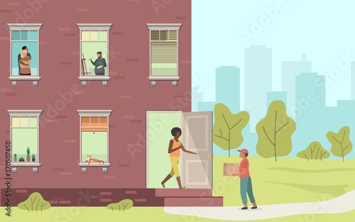 Fototapeta Naklejka Na Ścianę i Meble -  Home delivery. Courier and woman handing over parcel at home from man with box, house facade people look out of apartment, shopping service concept cartoon flat vector illustration
