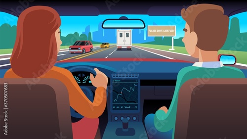People inside car. Driver and passenger ride on road to city, woman driving auto on highway using navigator, flat vector cartoon characters on city landscape