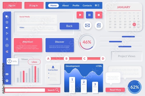 User interface elements. Web ui element, mobile applications and web sites responsive design. Buttons, tools and diagrams, media display vector template in blue and pink colors