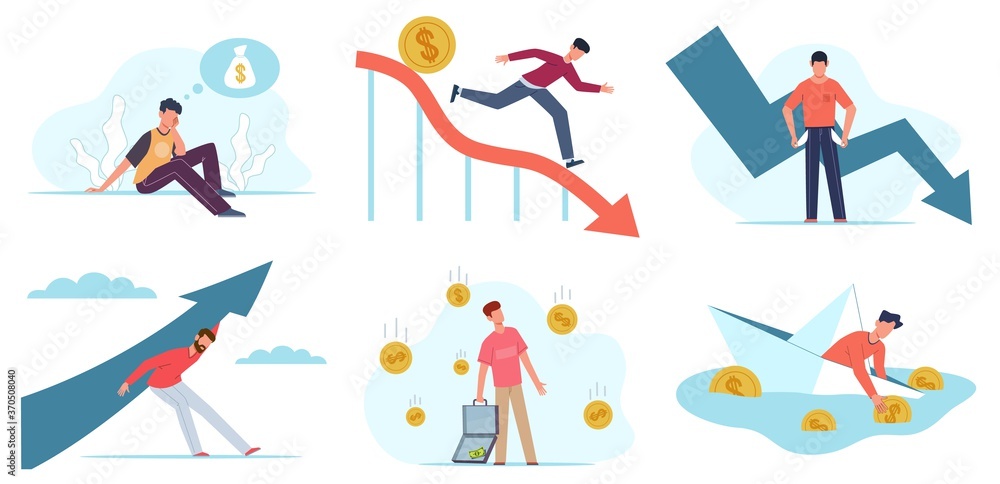 Financial problems. Depressed man with unpaid loan debt, economic crisis, business bankruptcy, startup collapse, people and falling arrow. Money problem vector flat cartoon characters set Financial problems. Depressed man with unpaid loan debt, economic crisis, business bankruptcy, startup collapse, people and falling arrow. Money problem vector flat cartoon characters set