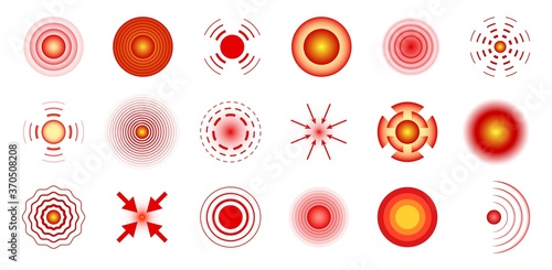 Red pain circles. Local pains concept, abstract symbol of ache, red and yellow hurt localization marker design element for painkiller advertisement vector isolated set