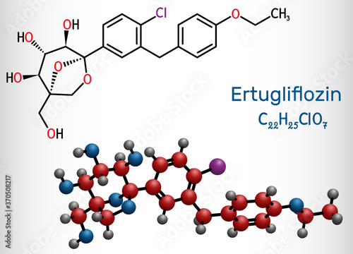 Ertugliflozin molecule. It is a drug for the treatment of diabetes. Structural chemical formula and molecule model