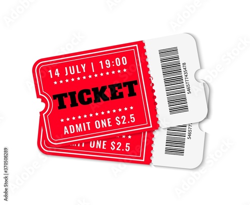 Cinema tickets. Concert movie theater ticket template, cardboard or paper coupons, ribbed templates with barcode vector isolated illustration