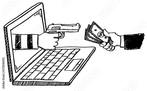Sketch style illustration of online money theft. Hand drawn doodle vector illustration.
