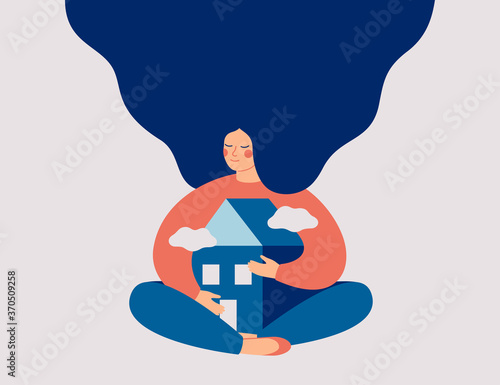 Young woman with long hair embraces her home with love and care. Stay home concept. Vector illustration