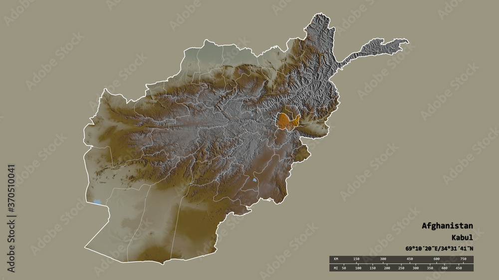 Location of Kabul, province of Afghanistan,. Relief
