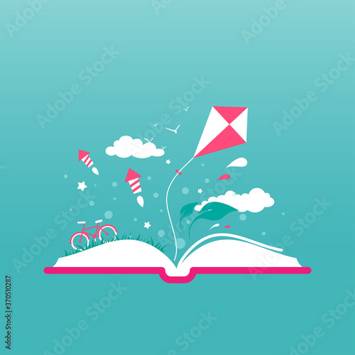 Open book with fireworks, clouds, kite, bike and stars. Isolated on blue background.