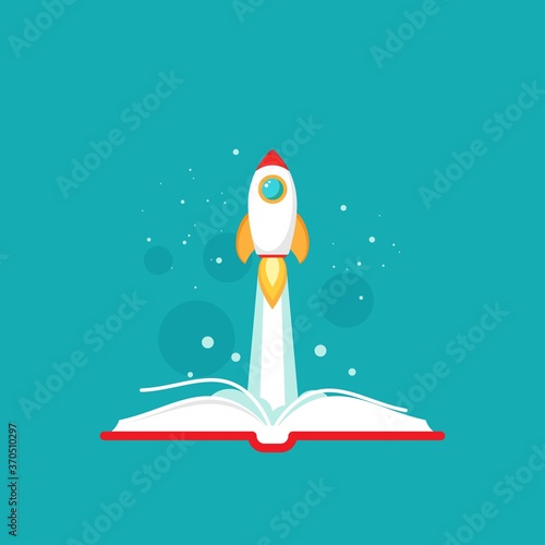 Open book with rocket ship. Vector flat illustration on blue background.