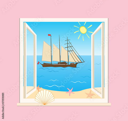 blue sea and sailing vessel behind open window - vector illustration of summer vacation
