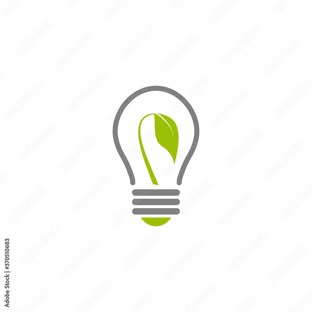 Green shining electric light bulb with green leaf. Isolated on White. Flat outline icon Green shining electric light bulb with green leaf. Isolated on White. Flat outline icon