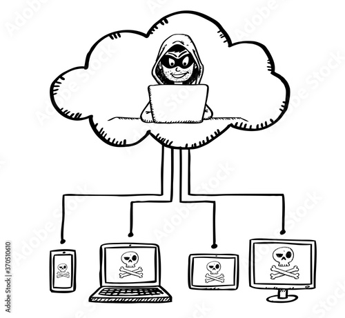 Black and white cartoon style drawing of a hacker attacking office equipment through a cloud connection. Hand drawn doodle vector illustration.