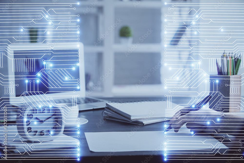 Tech theme hologram over woman's hands taking notes background. Concept of hightech. Double exposure Tech theme hologram over woman's hands taking notes background. Concept of hightech. Double exposure