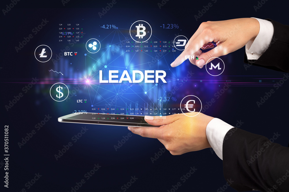 Close-up of a touchscreen with LEADER inscription, business opportunity concept Close-up of a touchscreen with LEADER inscription, business opportunity concept