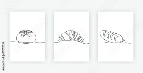 Continuous one line drawing of French baguette croissant and round loaf bread. Modern poster of bakery products isolated on white, bakeshop and cafe theme for logo. Vector illustration